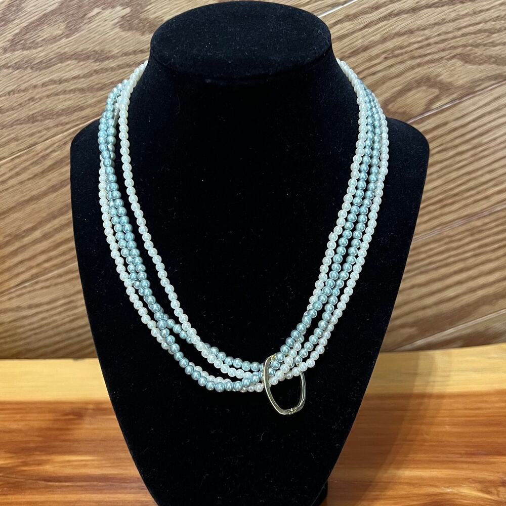 Vintage Necklace Layered Strand Faux Pearls White Light Blue Gold Tone Clasp MCM